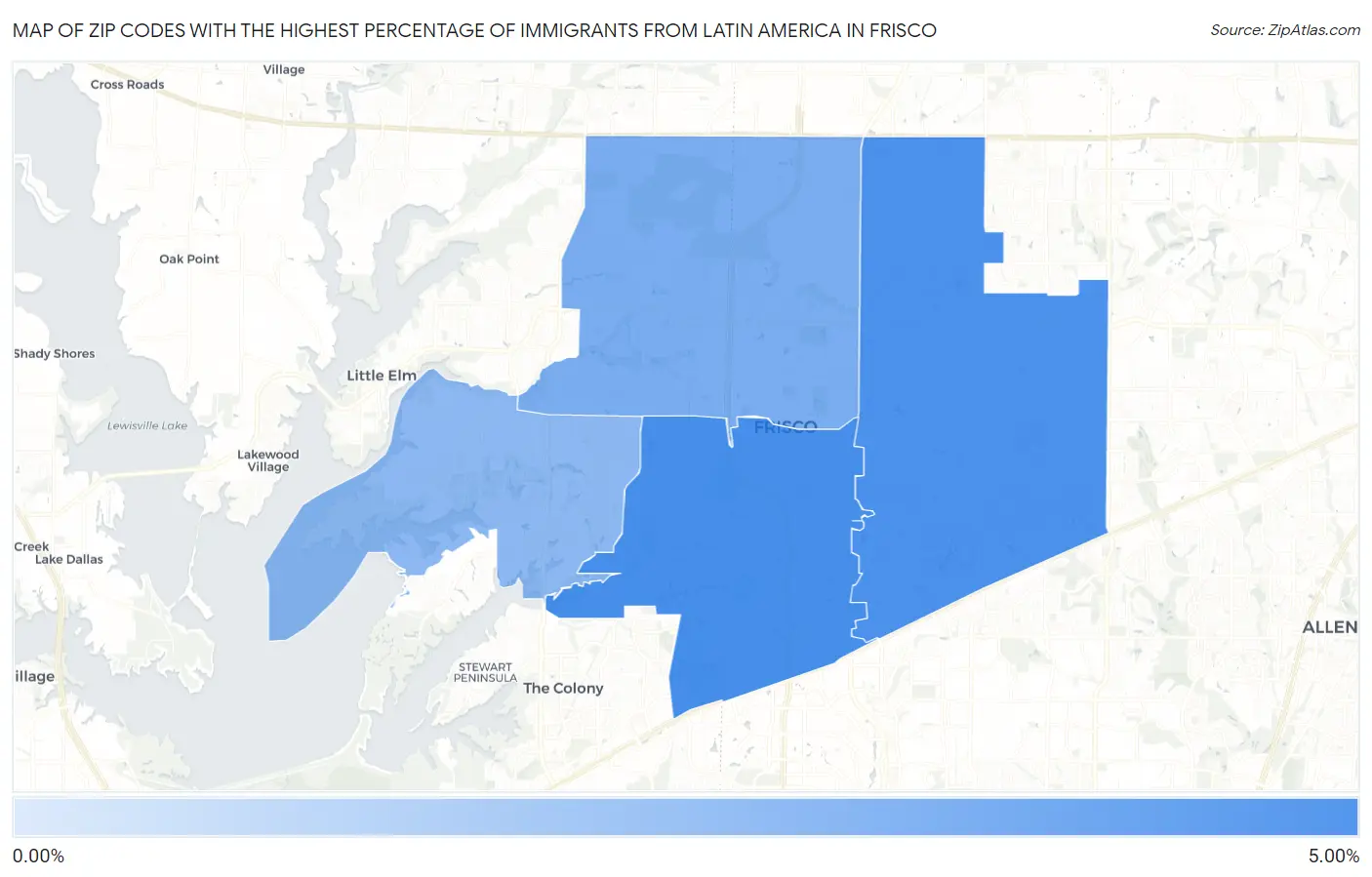 Zip Codes with the Highest Percentage of Immigrants from Latin America in Frisco Map