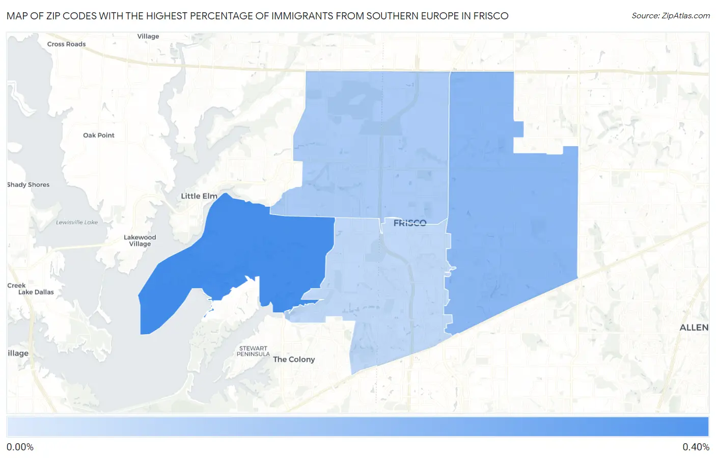 Zip Codes with the Highest Percentage of Immigrants from Southern Europe in Frisco Map