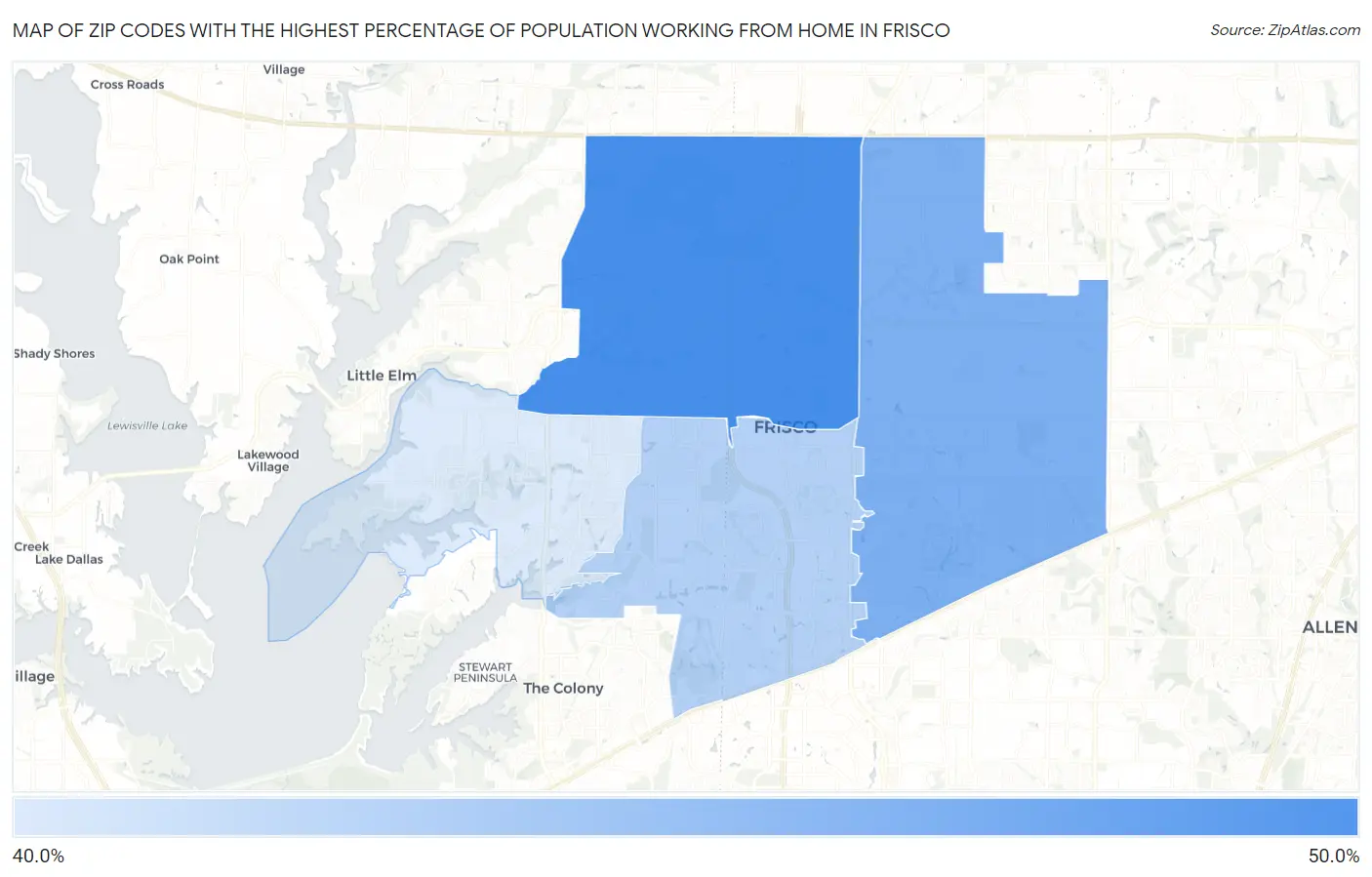 Zip Codes with the Highest Percentage of Population Working from Home in Frisco Map