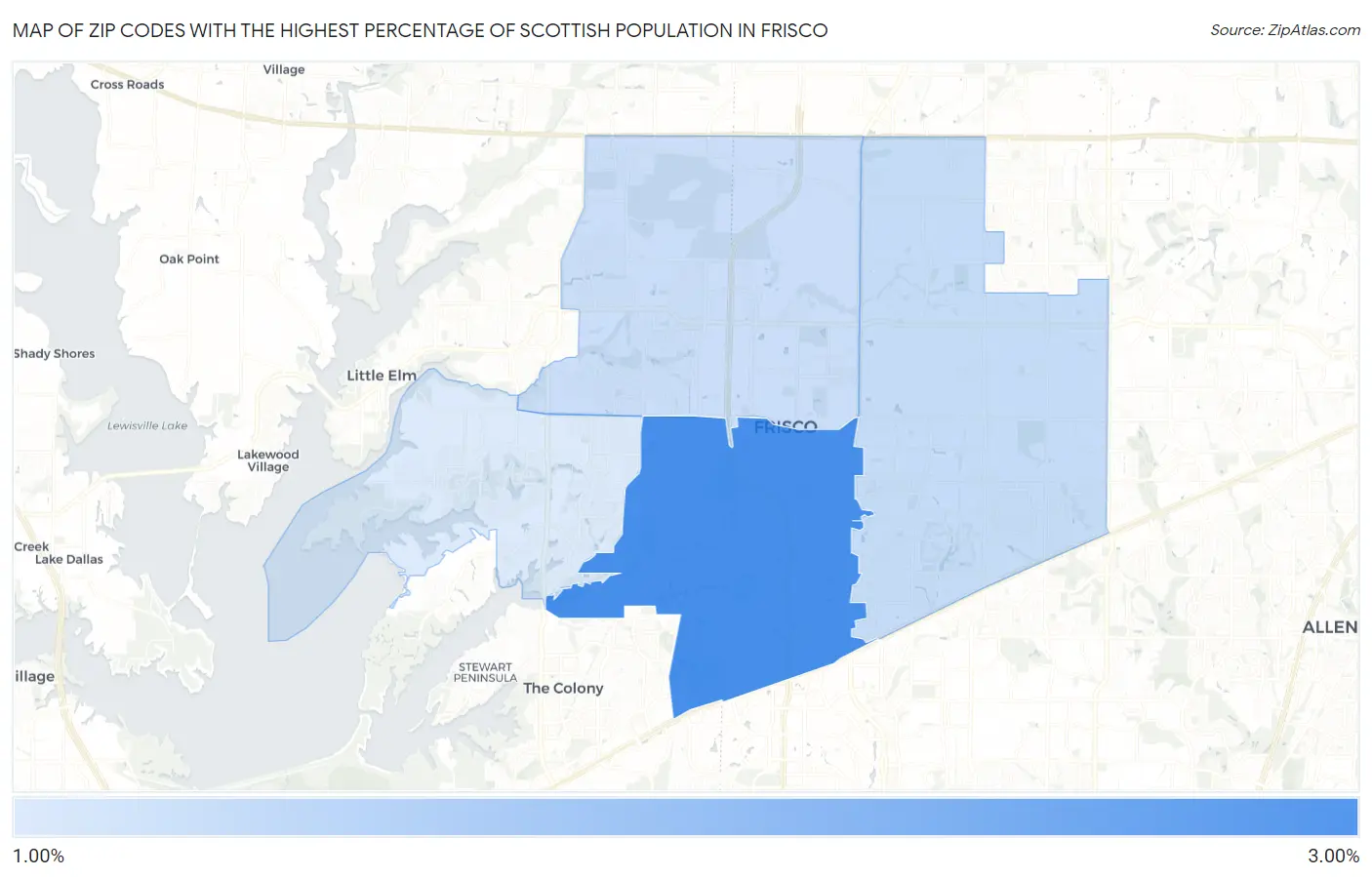 Zip Codes with the Highest Percentage of Scottish Population in Frisco Map
