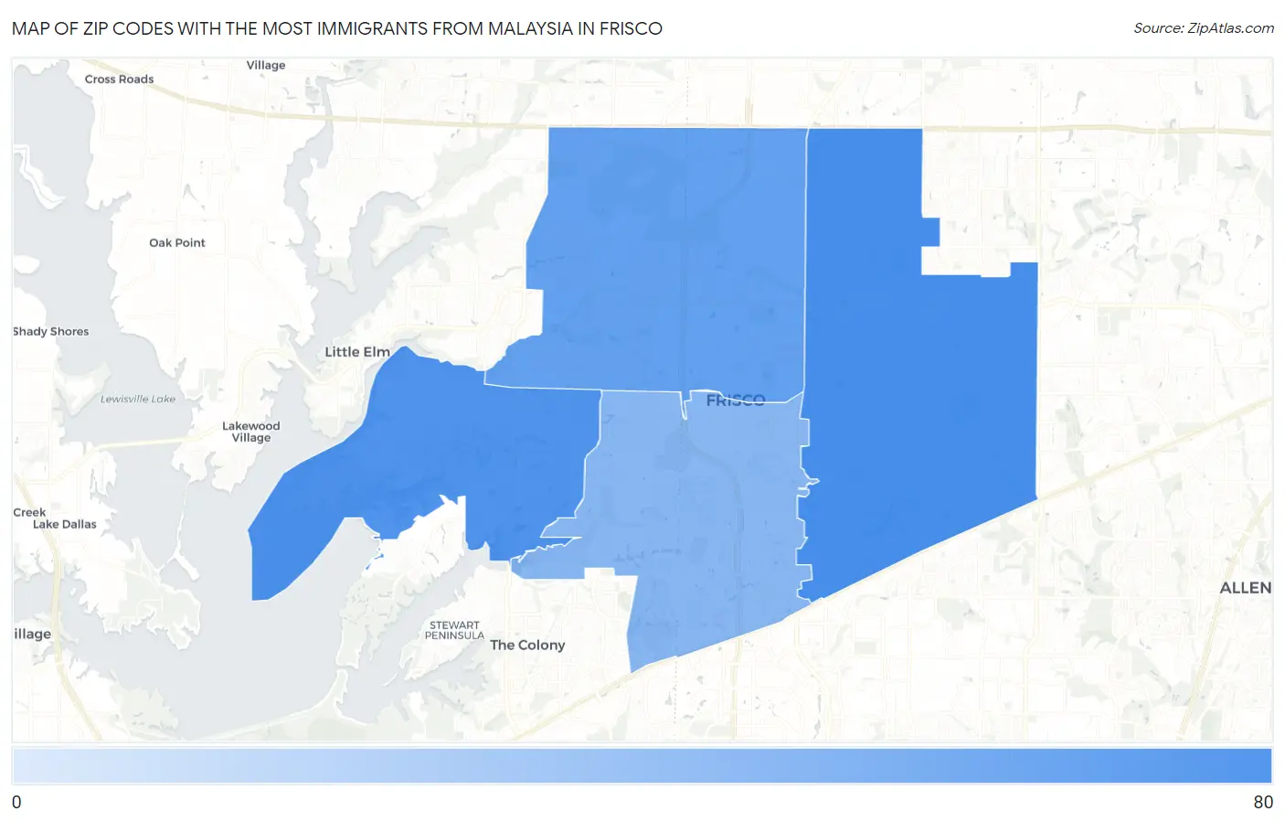 Zip Codes with the Most Immigrants from Malaysia in Frisco Map