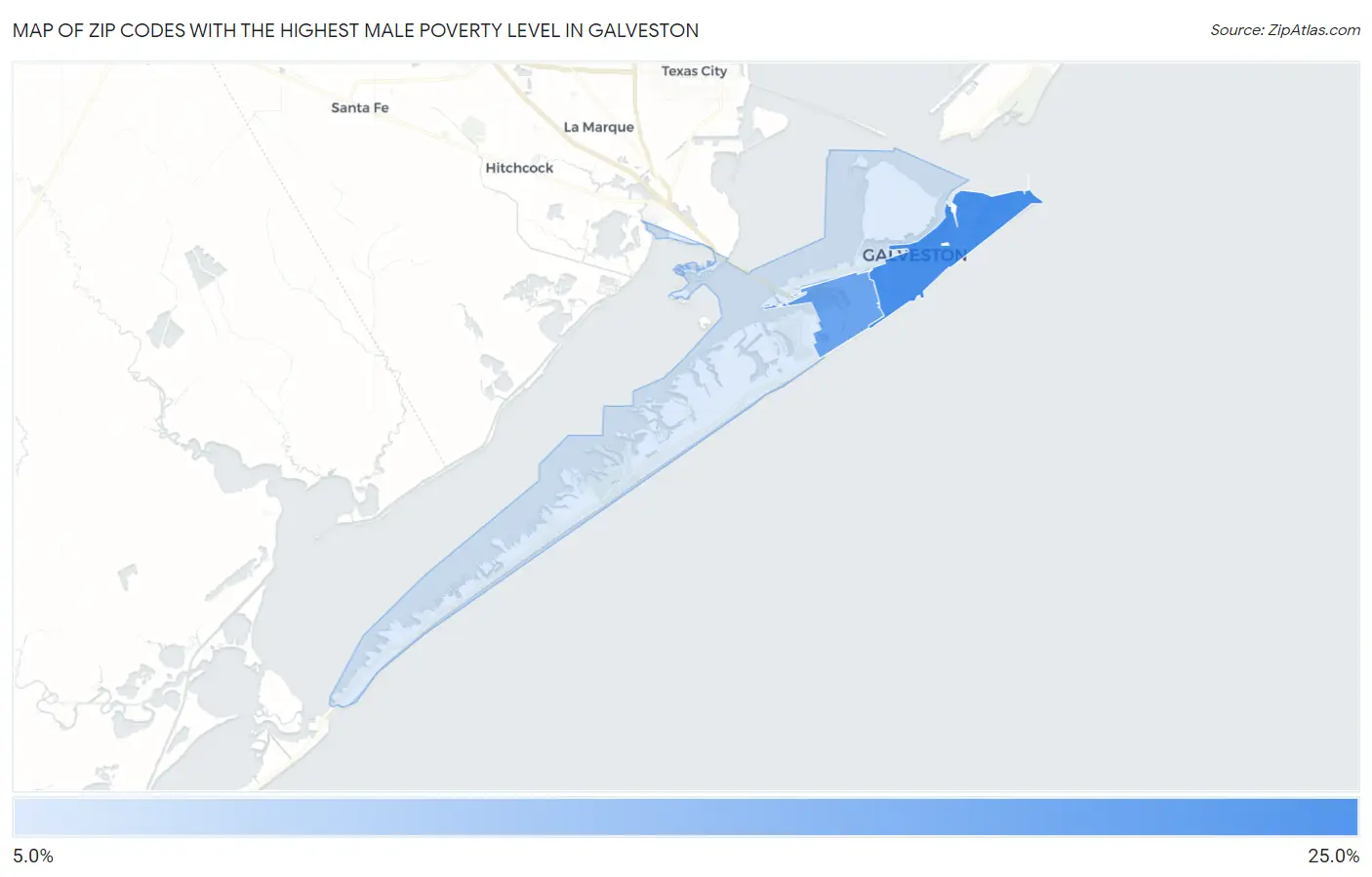 Zip Codes with the Highest Male Poverty Level in Galveston Map