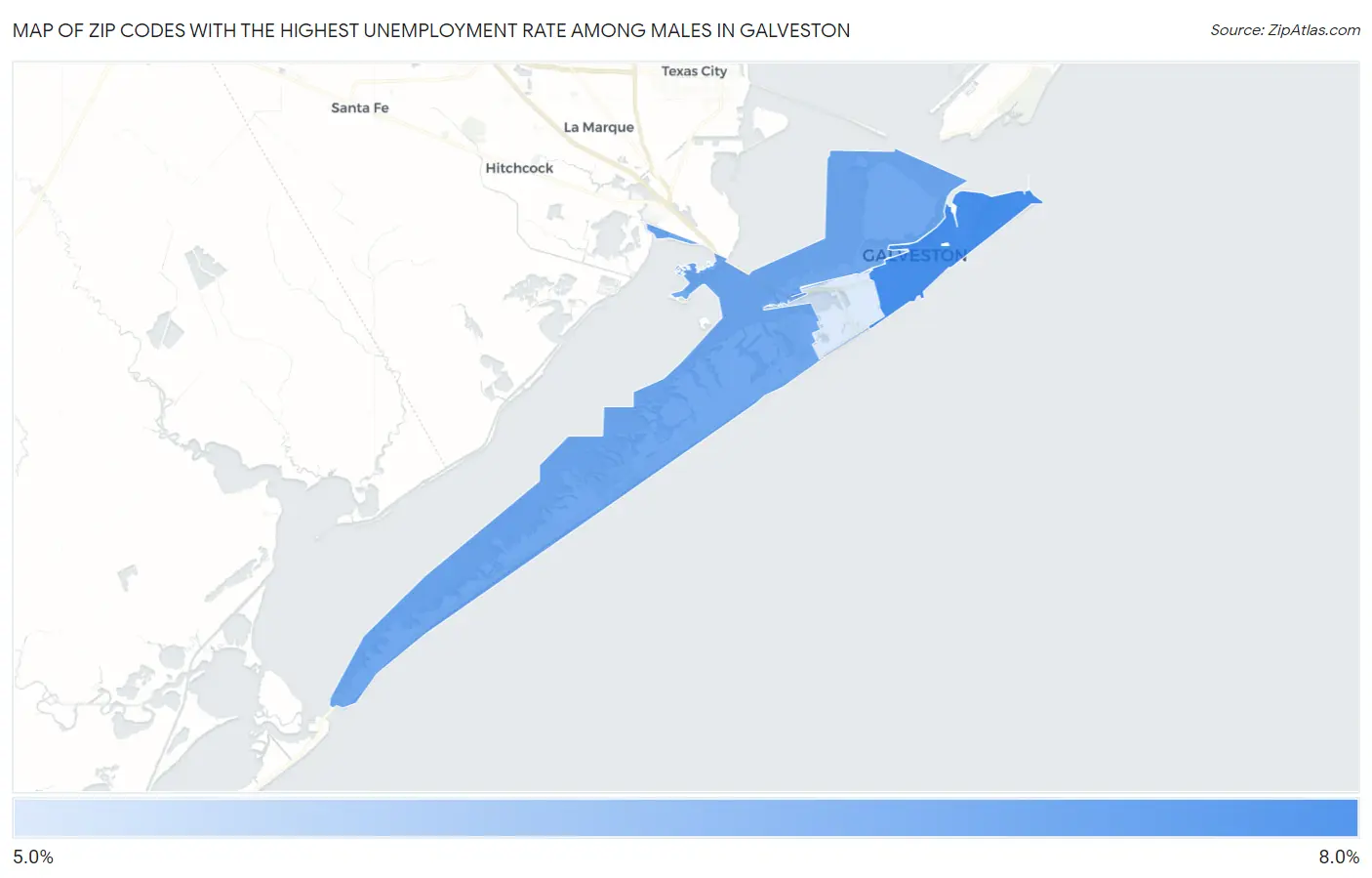 Zip Codes with the Highest Unemployment Rate Among Males in Galveston Map