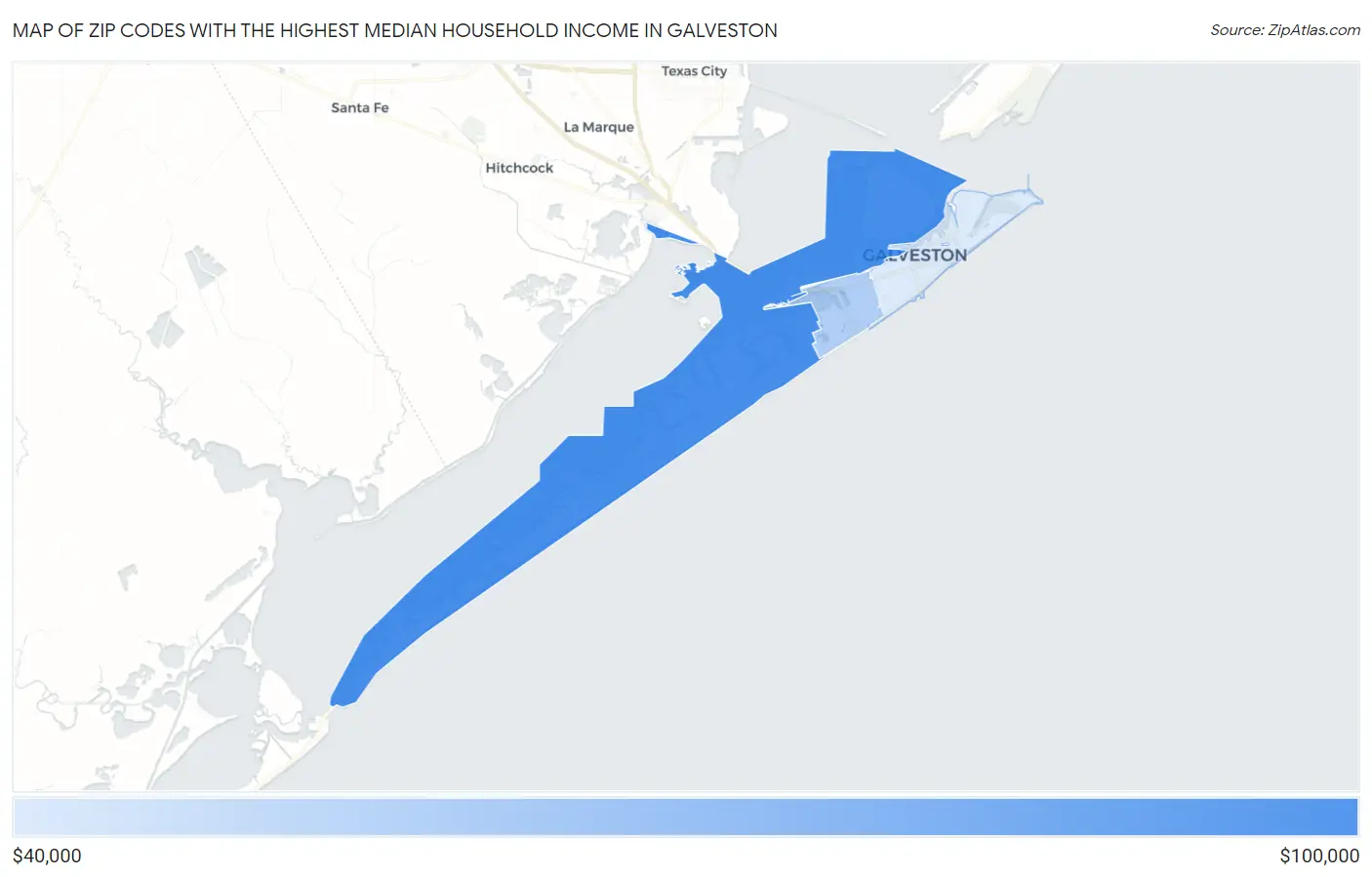 Zip Codes with the Highest Median Household Income in Galveston Map