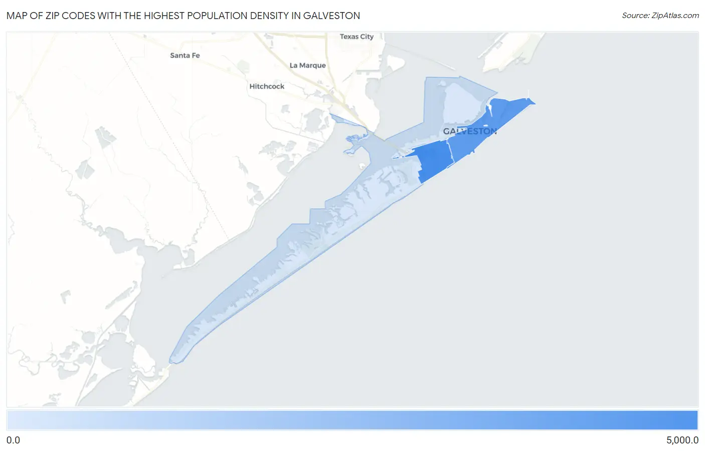 Zip Codes with the Highest Population Density in Galveston Map