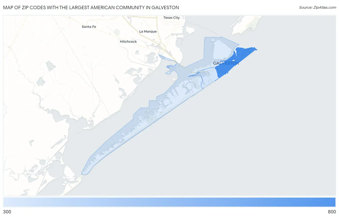 Zip Codes with the Largest American Community in Galveston Map