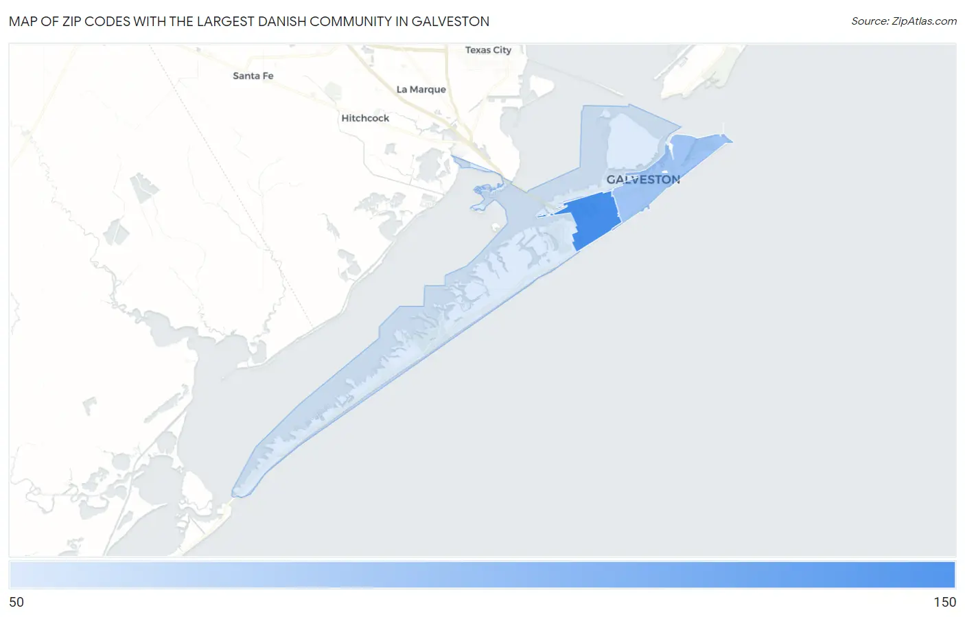 Zip Codes with the Largest Danish Community in Galveston Map