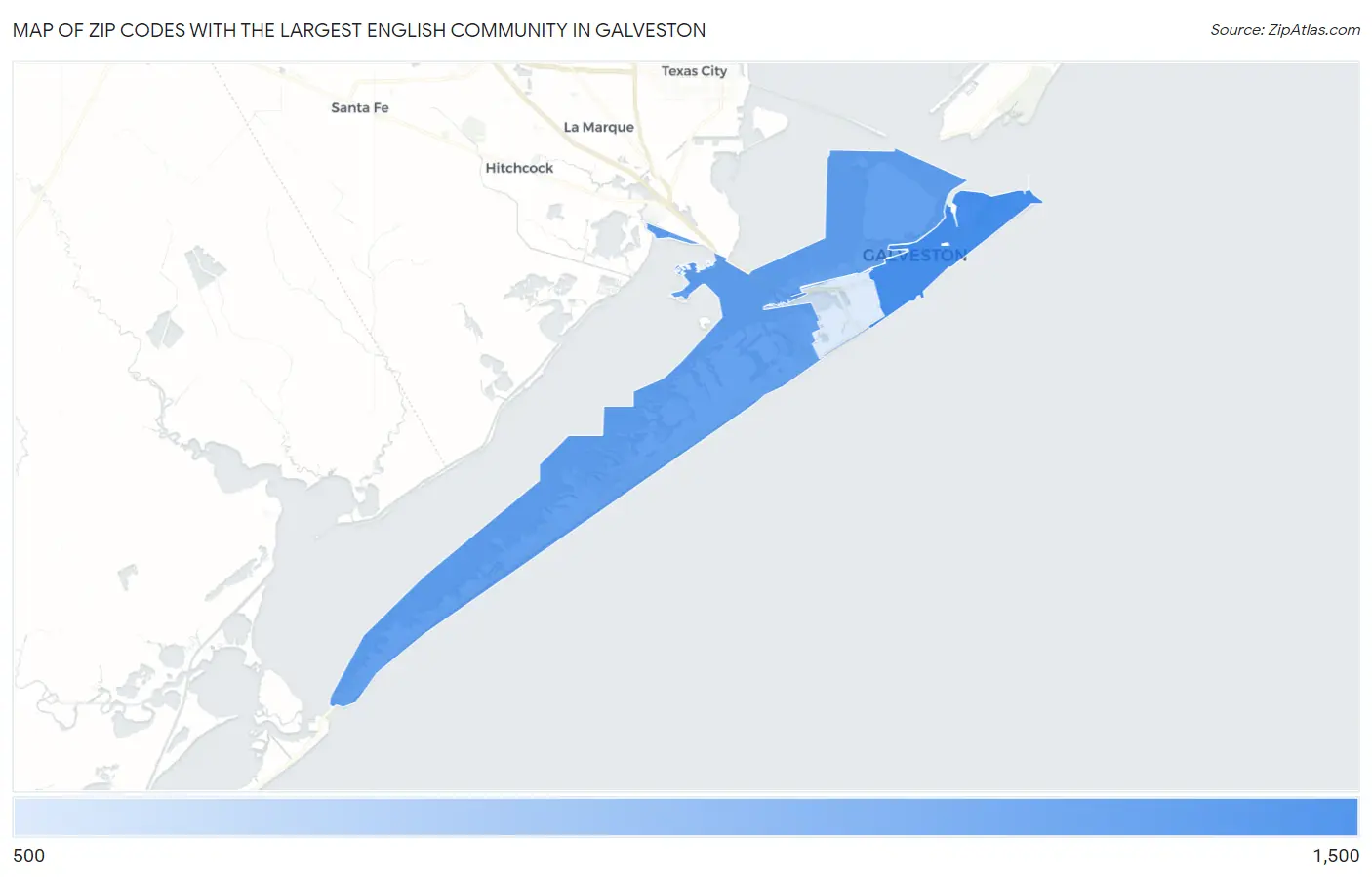 Zip Codes with the Largest English Community in Galveston Map