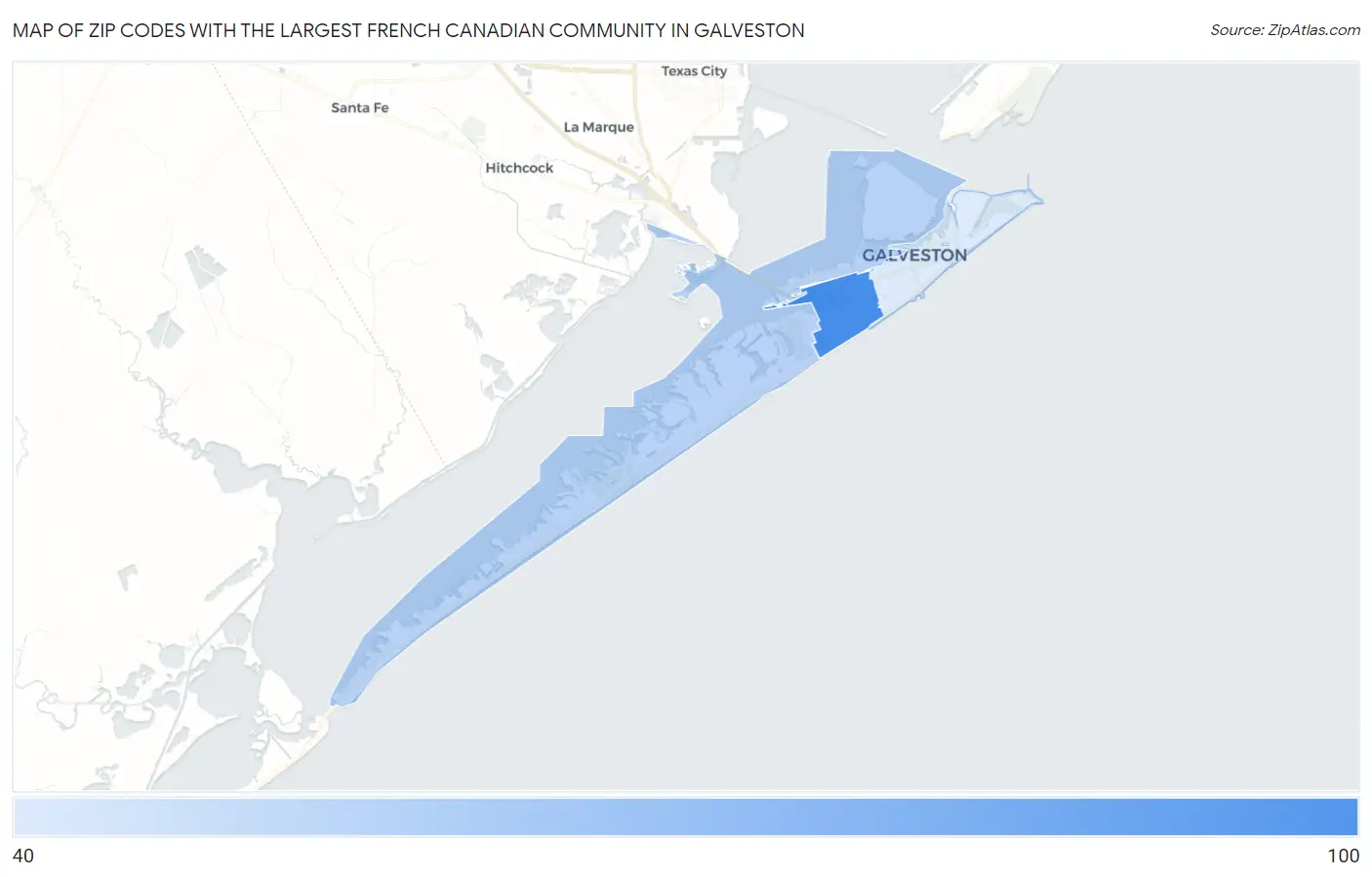 Zip Codes with the Largest French Canadian Community in Galveston Map