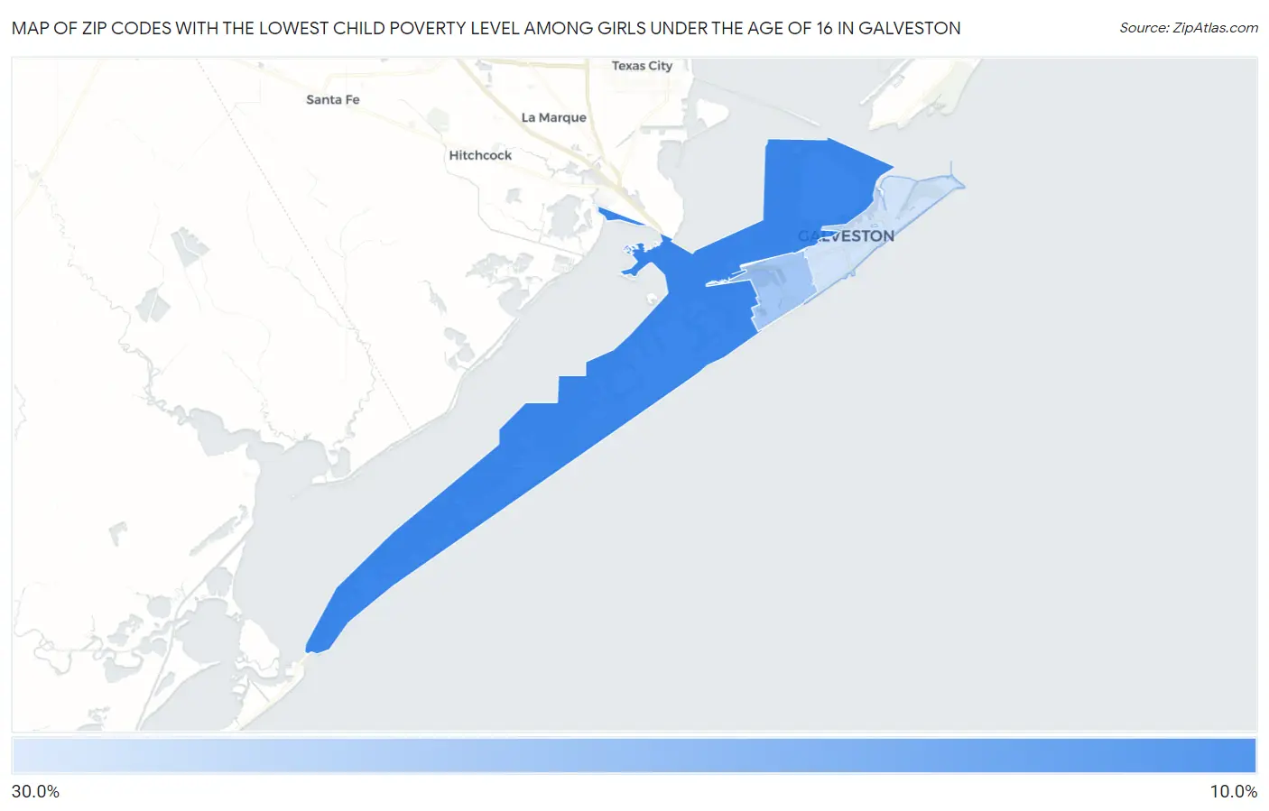 Zip Codes with the Lowest Child Poverty Level Among Girls Under the Age of 16 in Galveston Map