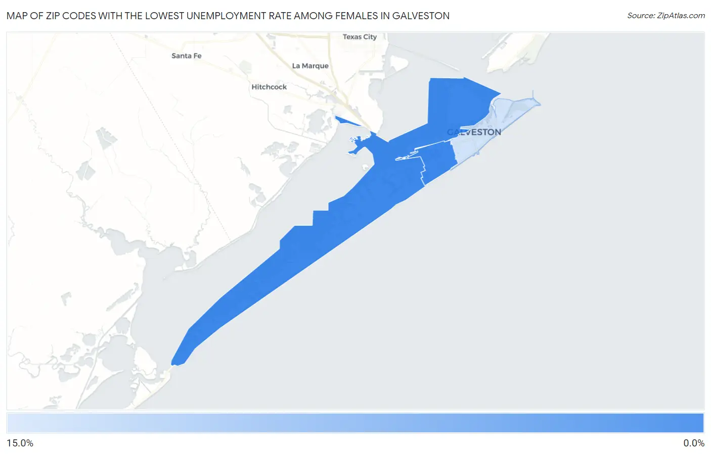 Zip Codes with the Lowest Unemployment Rate Among Females in Galveston Map