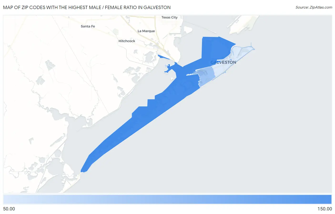Zip Codes with the Highest Male / Female Ratio in Galveston Map