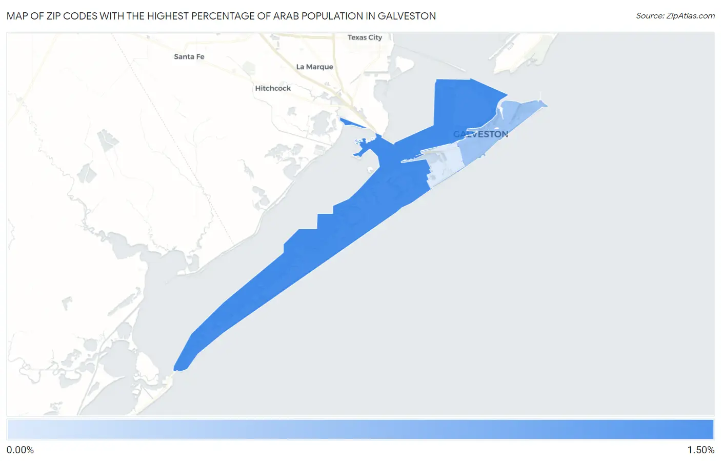 Zip Codes with the Highest Percentage of Arab Population in Galveston Map