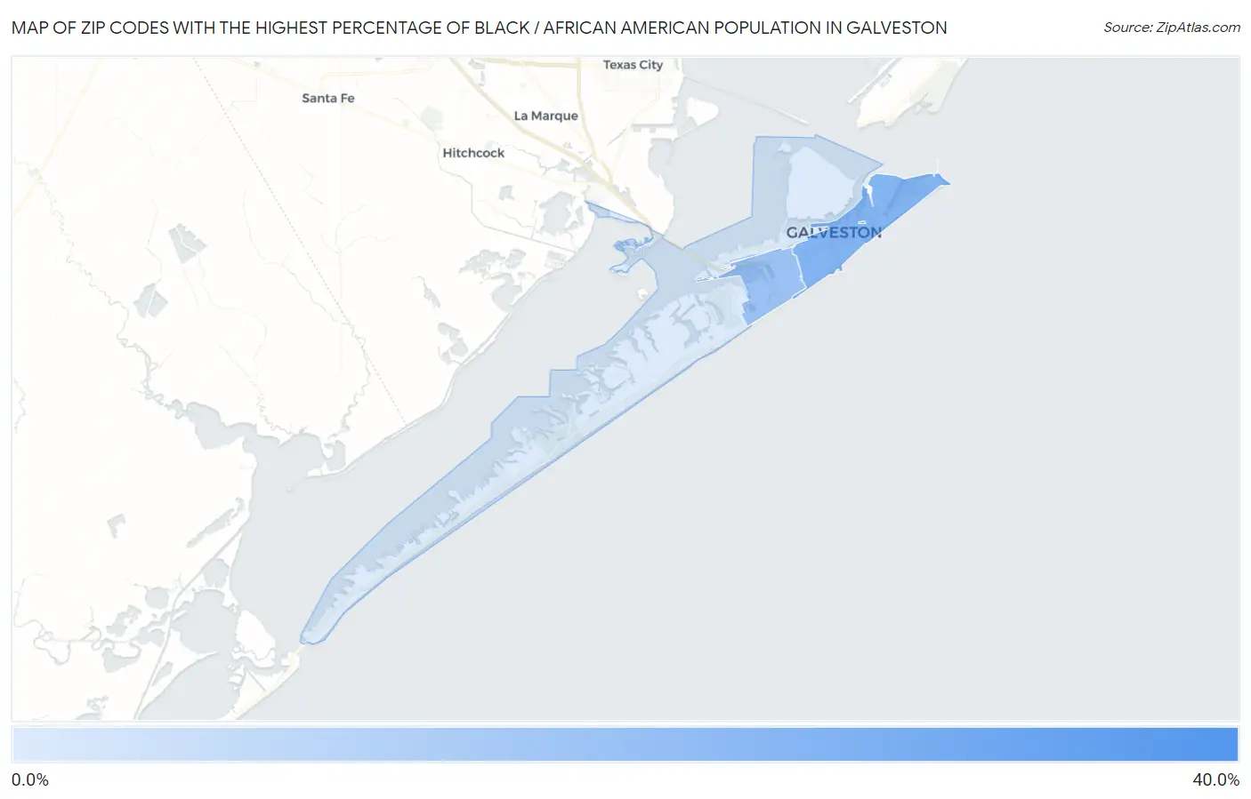 Zip Codes with the Highest Percentage of Black / African American Population in Galveston Map