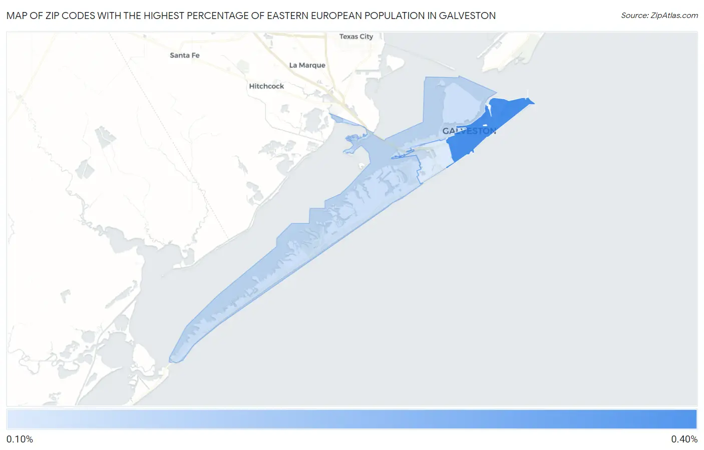 Zip Codes with the Highest Percentage of Eastern European Population in Galveston Map