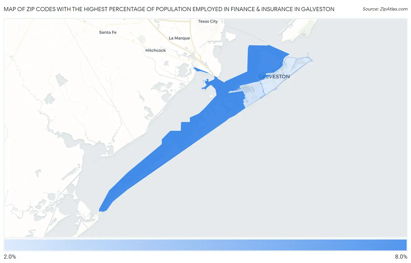 Zip Codes with the Highest Percentage of Population Employed in Finance & Insurance in Galveston Map