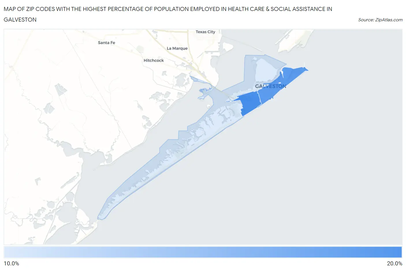 Zip Codes with the Highest Percentage of Population Employed in Health Care & Social Assistance in Galveston Map
