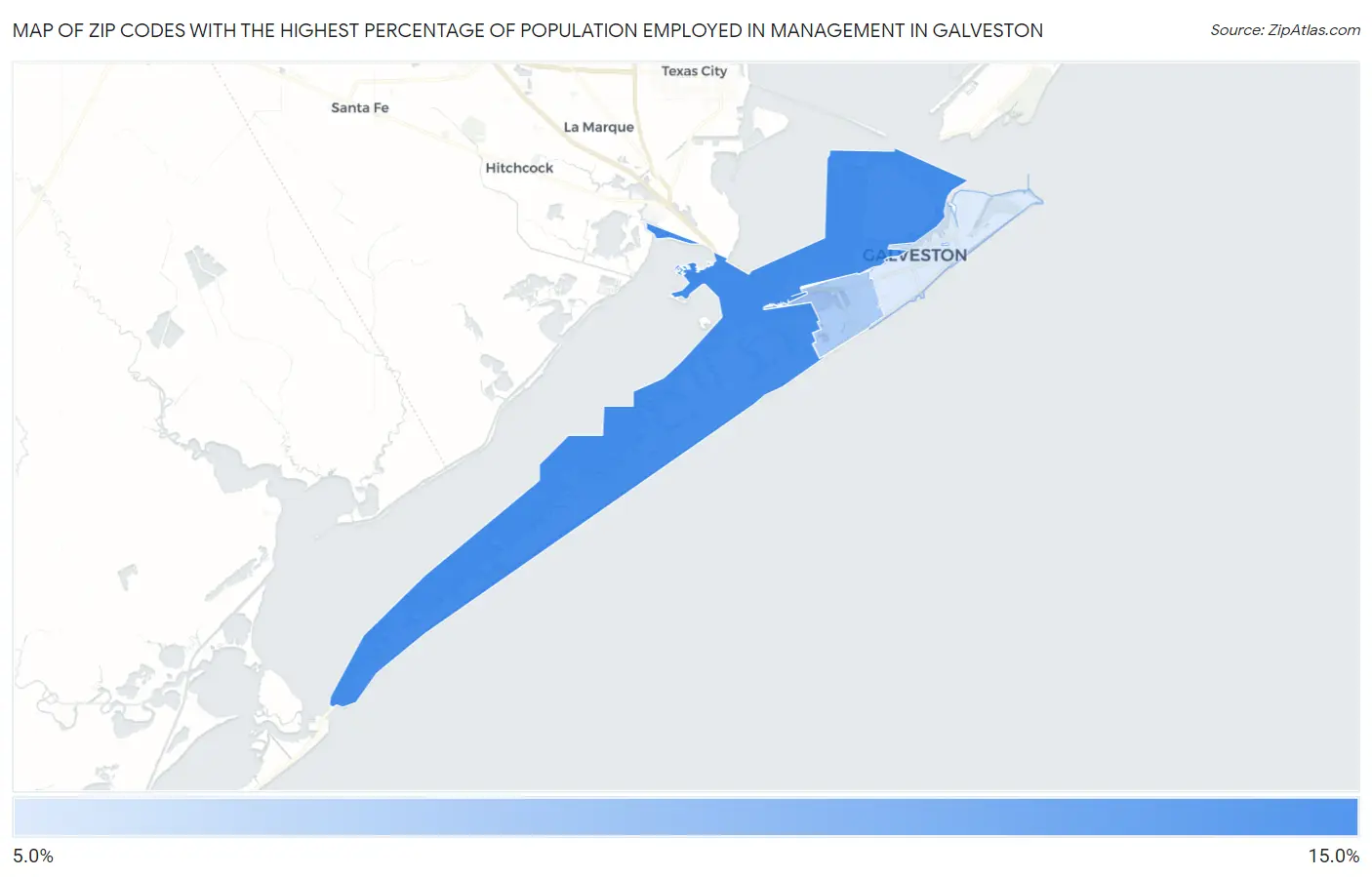 Zip Codes with the Highest Percentage of Population Employed in Management in Galveston Map