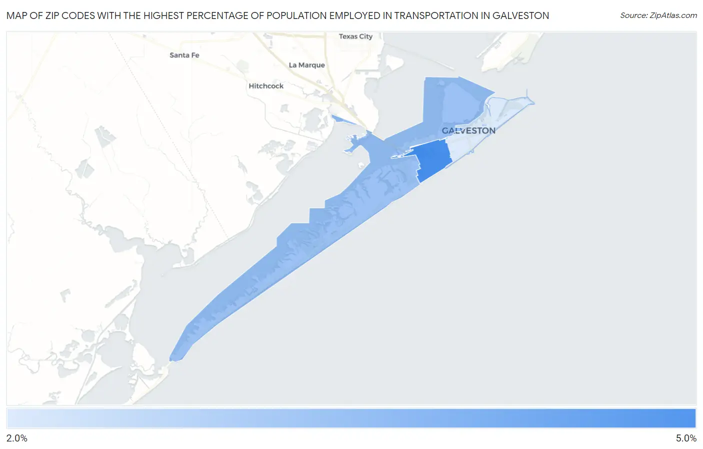 Zip Codes with the Highest Percentage of Population Employed in Transportation in Galveston Map