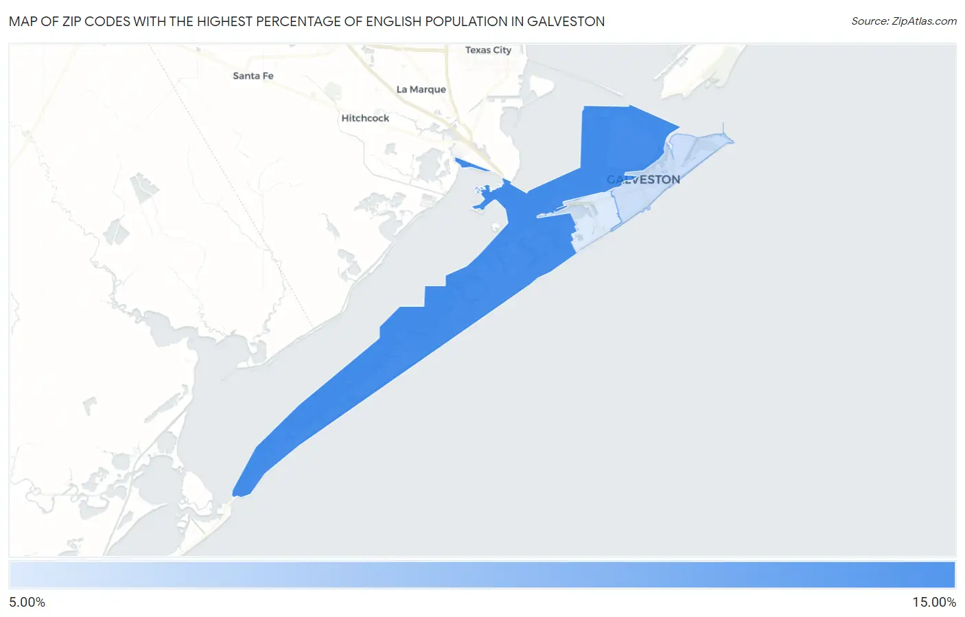 Zip Codes with the Highest Percentage of English Population in Galveston Map