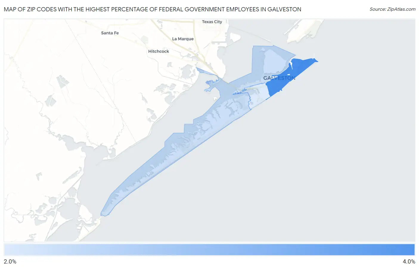 Zip Codes with the Highest Percentage of Federal Government Employees in Galveston Map