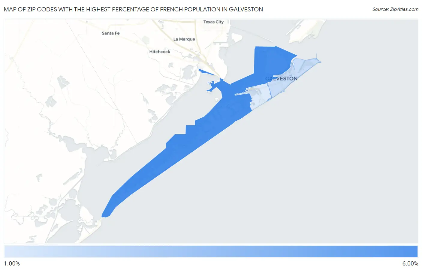 Zip Codes with the Highest Percentage of French Population in Galveston Map