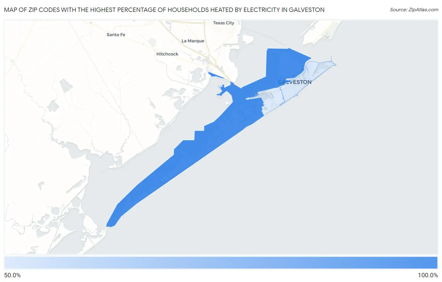 Zip Codes with the Highest Percentage of Households Heated by Electricity in Galveston Map