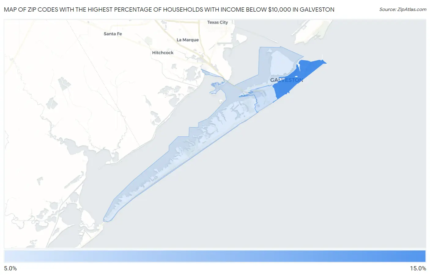 Zip Codes with the Highest Percentage of Households with Income Below $10,000 in Galveston Map