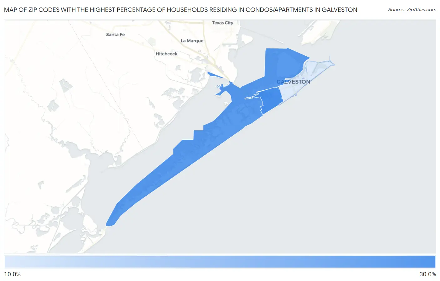 Zip Codes with the Highest Percentage of Households Residing in Condos/Apartments in Galveston Map