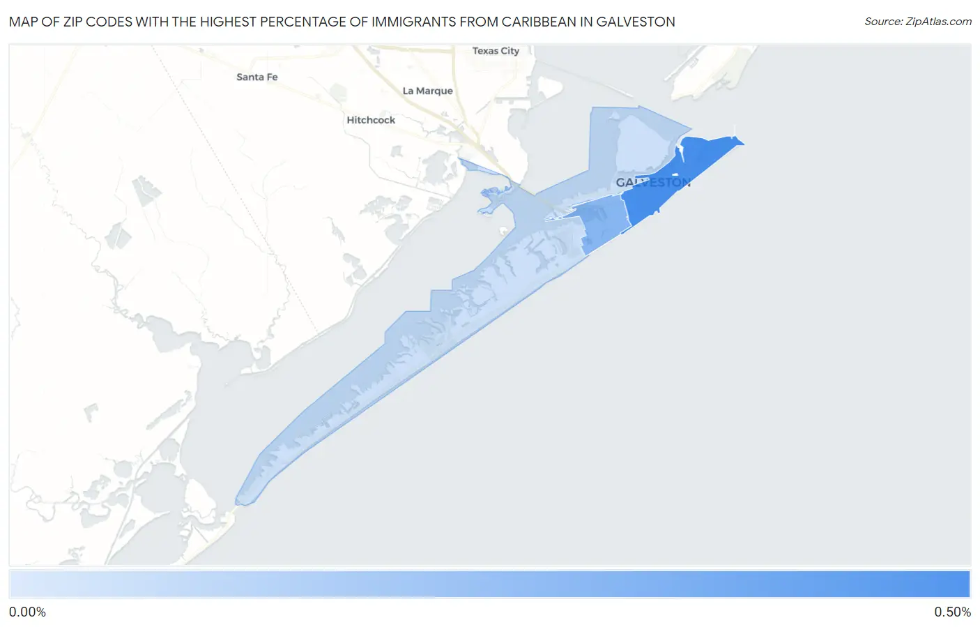 Zip Codes with the Highest Percentage of Immigrants from Caribbean in Galveston Map