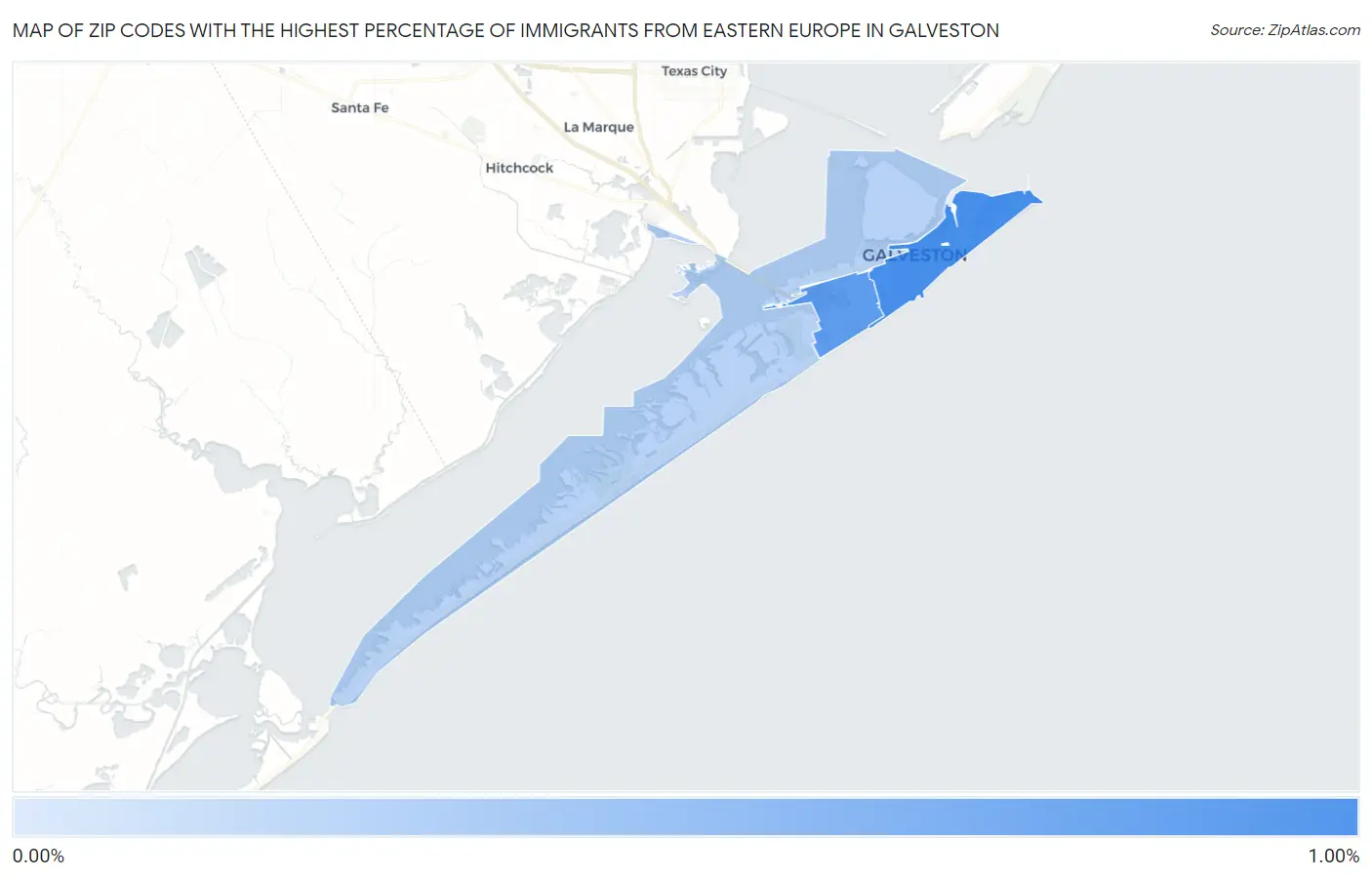 Zip Codes with the Highest Percentage of Immigrants from Eastern Europe in Galveston Map