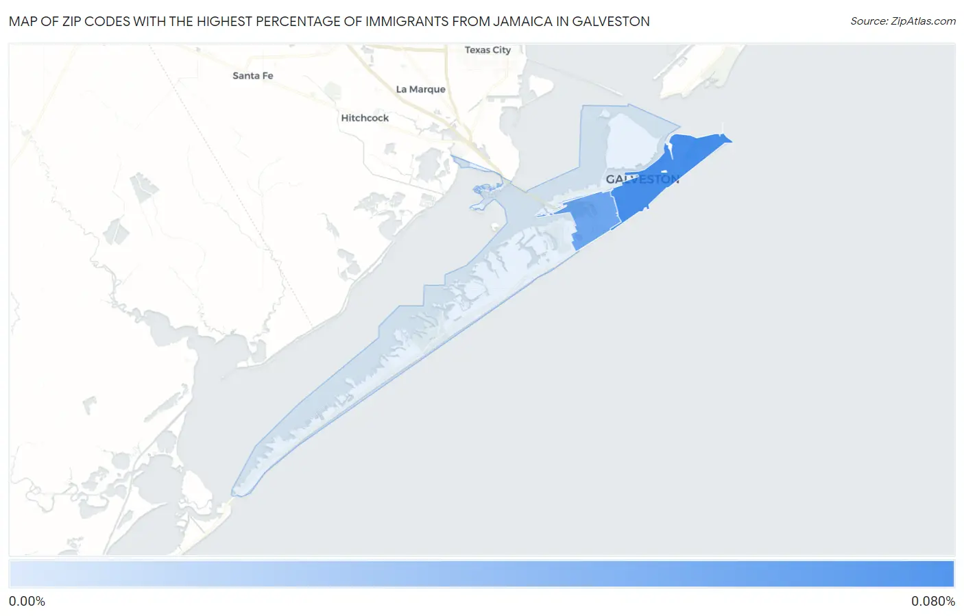 Zip Codes with the Highest Percentage of Immigrants from Jamaica in Galveston Map