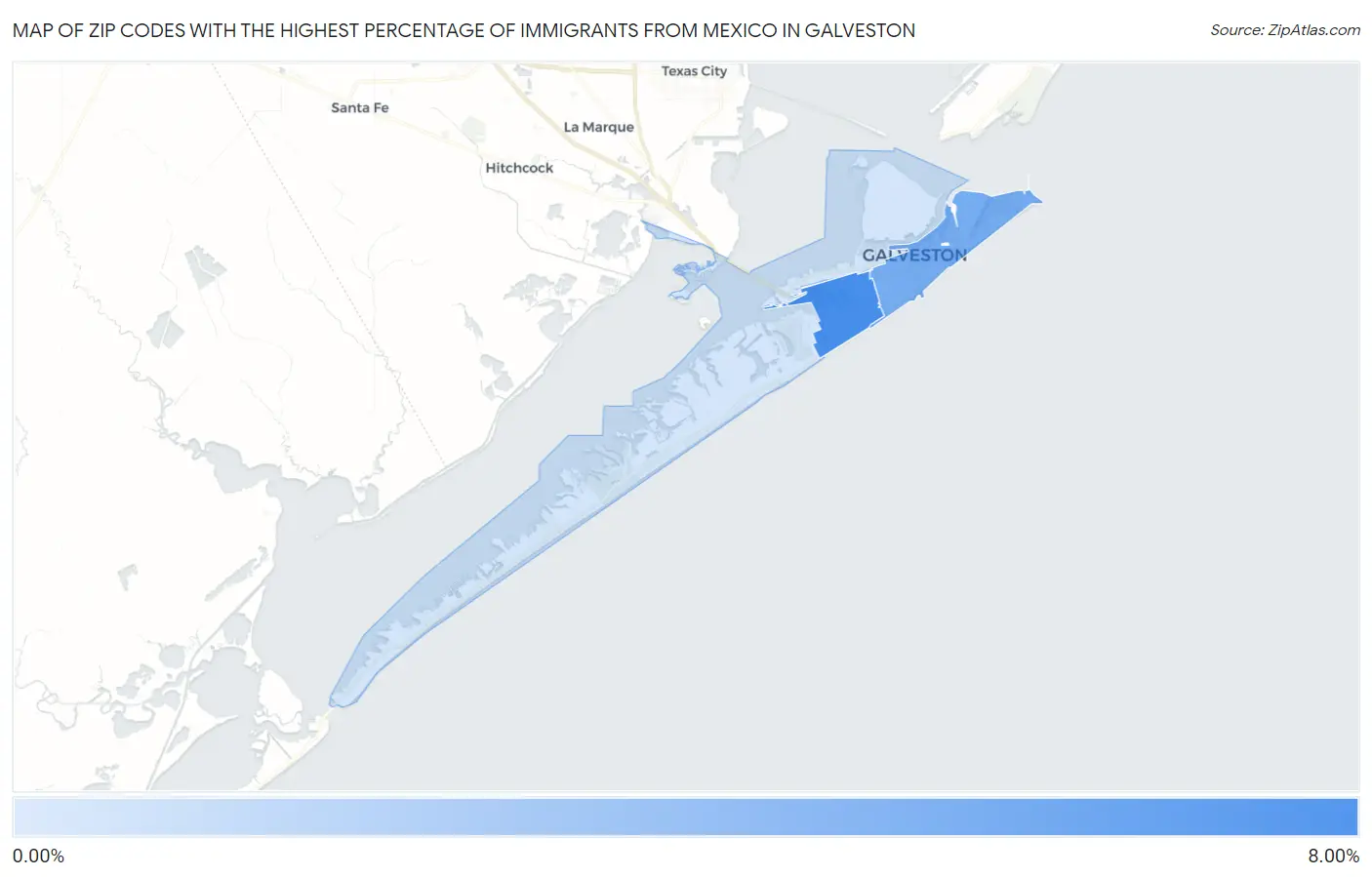 Zip Codes with the Highest Percentage of Immigrants from Mexico in Galveston Map
