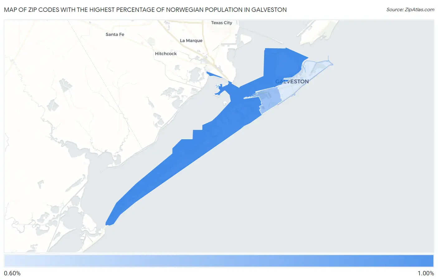 Zip Codes with the Highest Percentage of Norwegian Population in Galveston Map