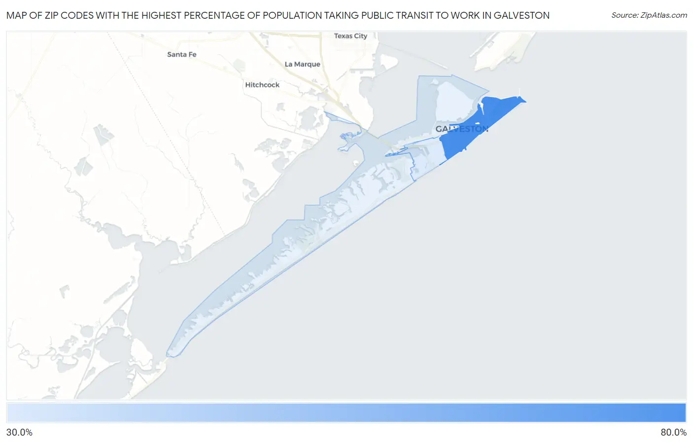 Zip Codes with the Highest Percentage of Population Taking Public Transit to Work in Galveston Map