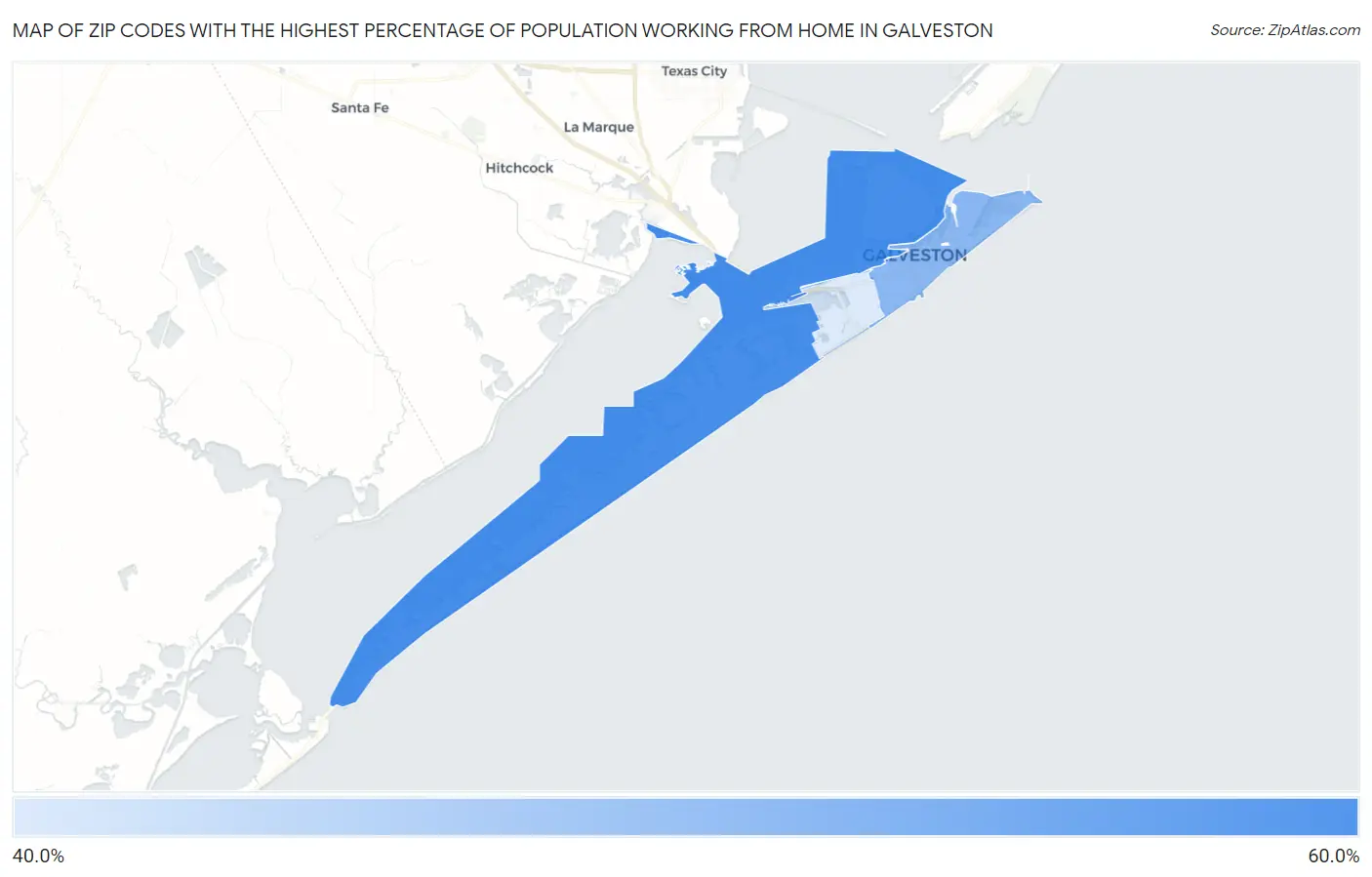 Zip Codes with the Highest Percentage of Population Working from Home in Galveston Map