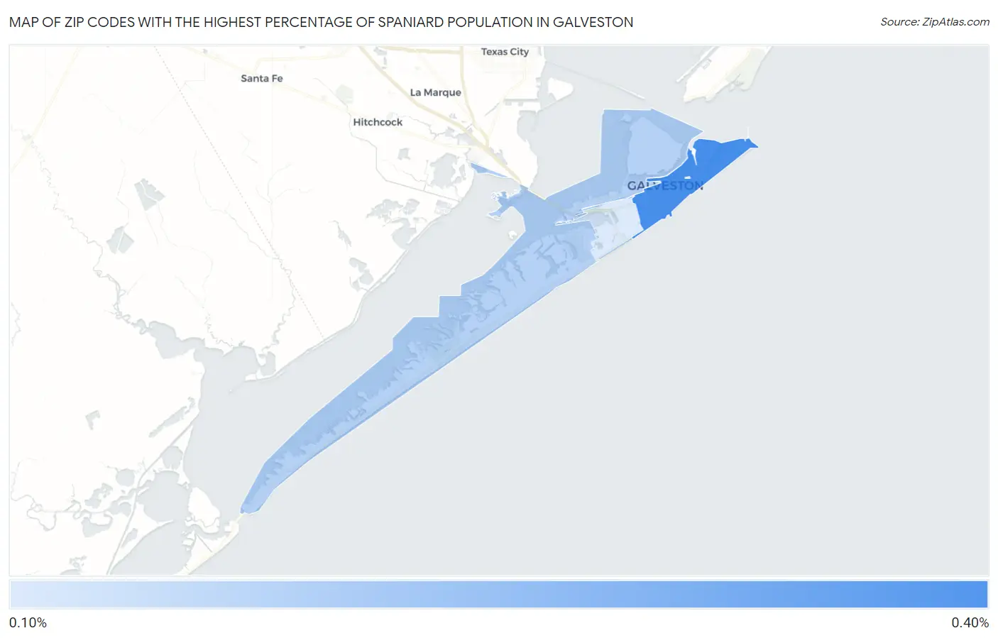 Zip Codes with the Highest Percentage of Spaniard Population in Galveston Map