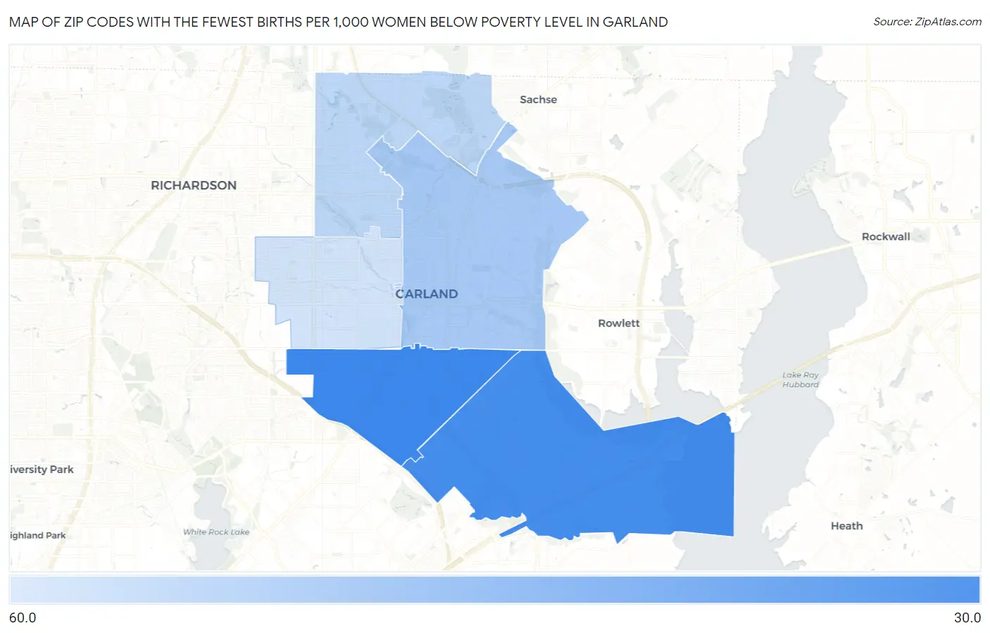 Zip Codes with the Fewest Births per 1,000 Women Below Poverty Level in Garland Map