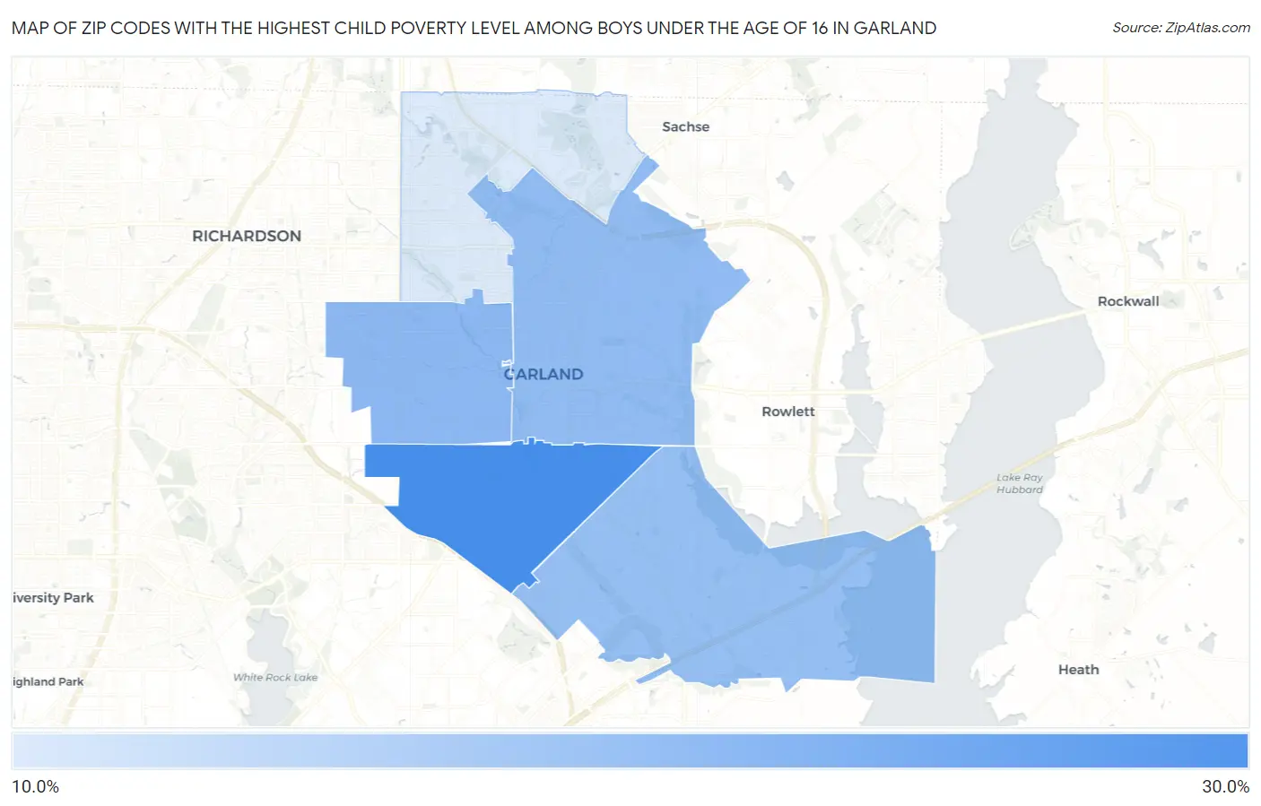 Zip Codes with the Highest Child Poverty Level Among Boys Under the Age of 16 in Garland Map