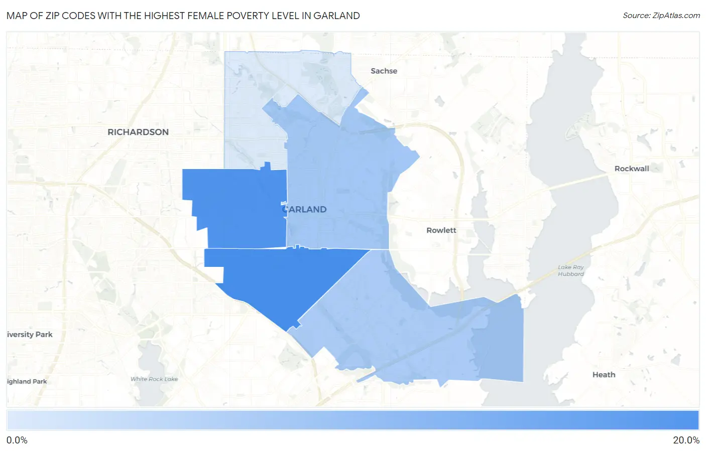 Zip Codes with the Highest Female Poverty Level in Garland Map