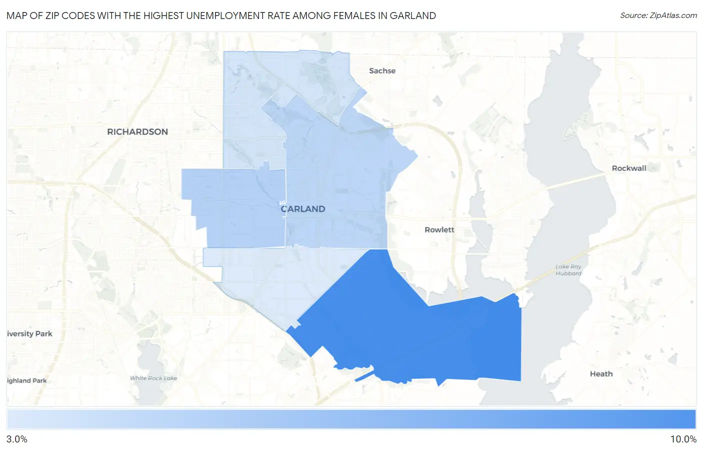 Zip Codes with the Highest Unemployment Rate Among Females in Garland Map