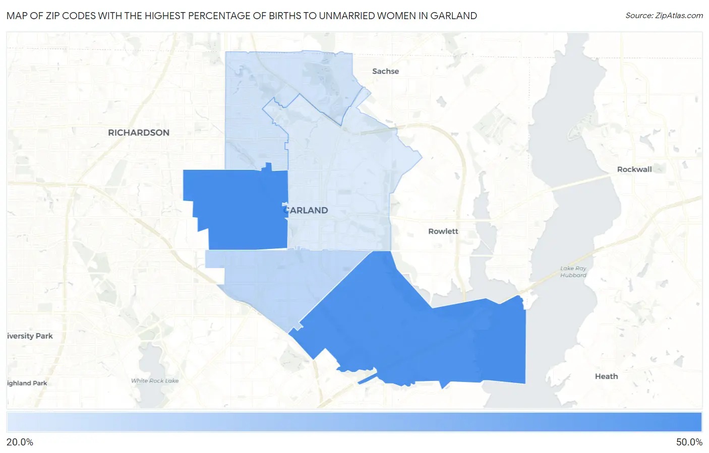 Zip Codes with the Highest Percentage of Births to Unmarried Women in Garland Map