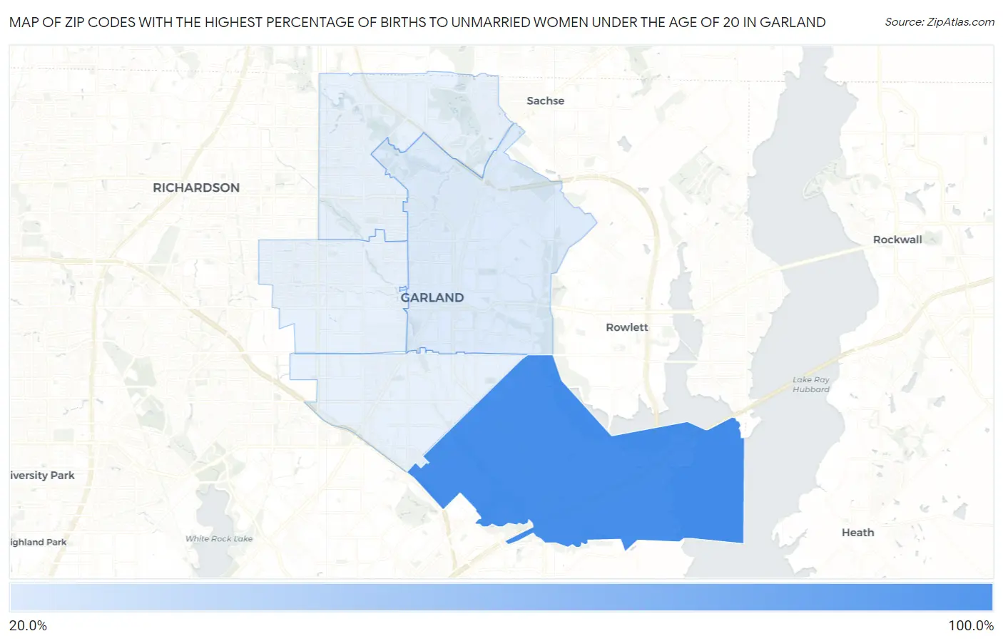 Zip Codes with the Highest Percentage of Births to Unmarried Women under the Age of 20 in Garland Map