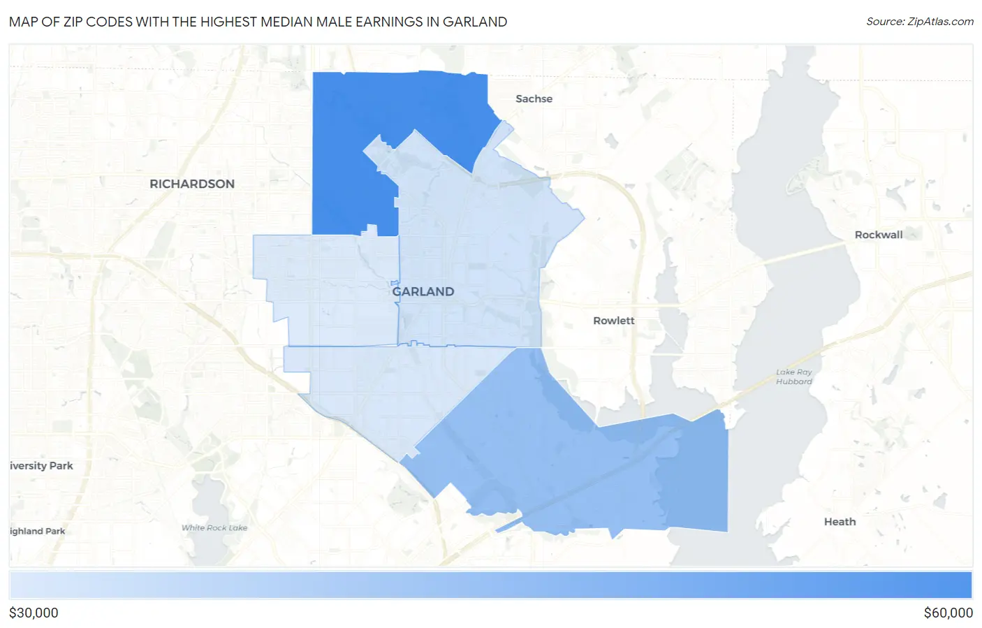 Zip Codes with the Highest Median Male Earnings in Garland Map