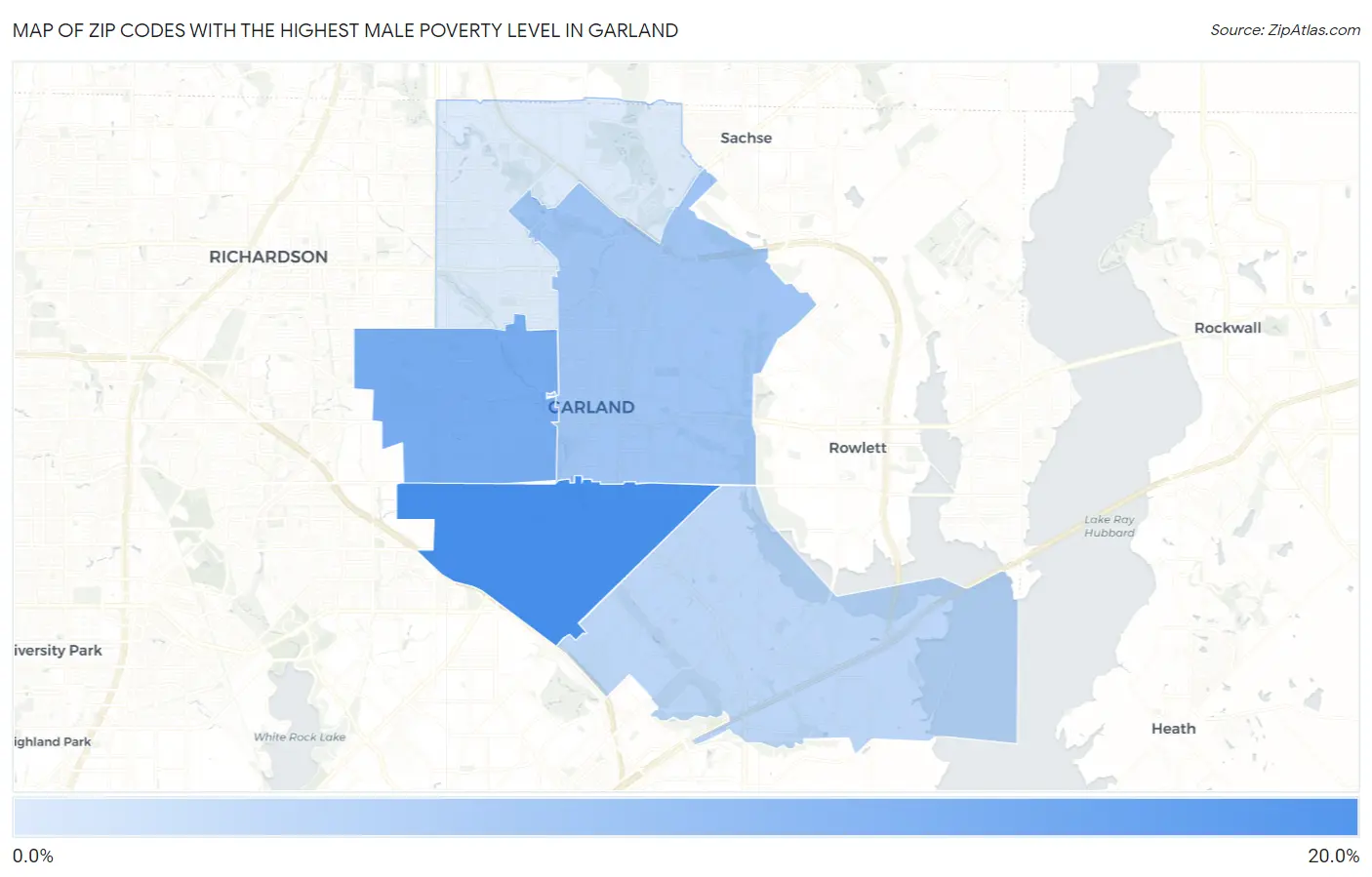 Zip Codes with the Highest Male Poverty Level in Garland Map