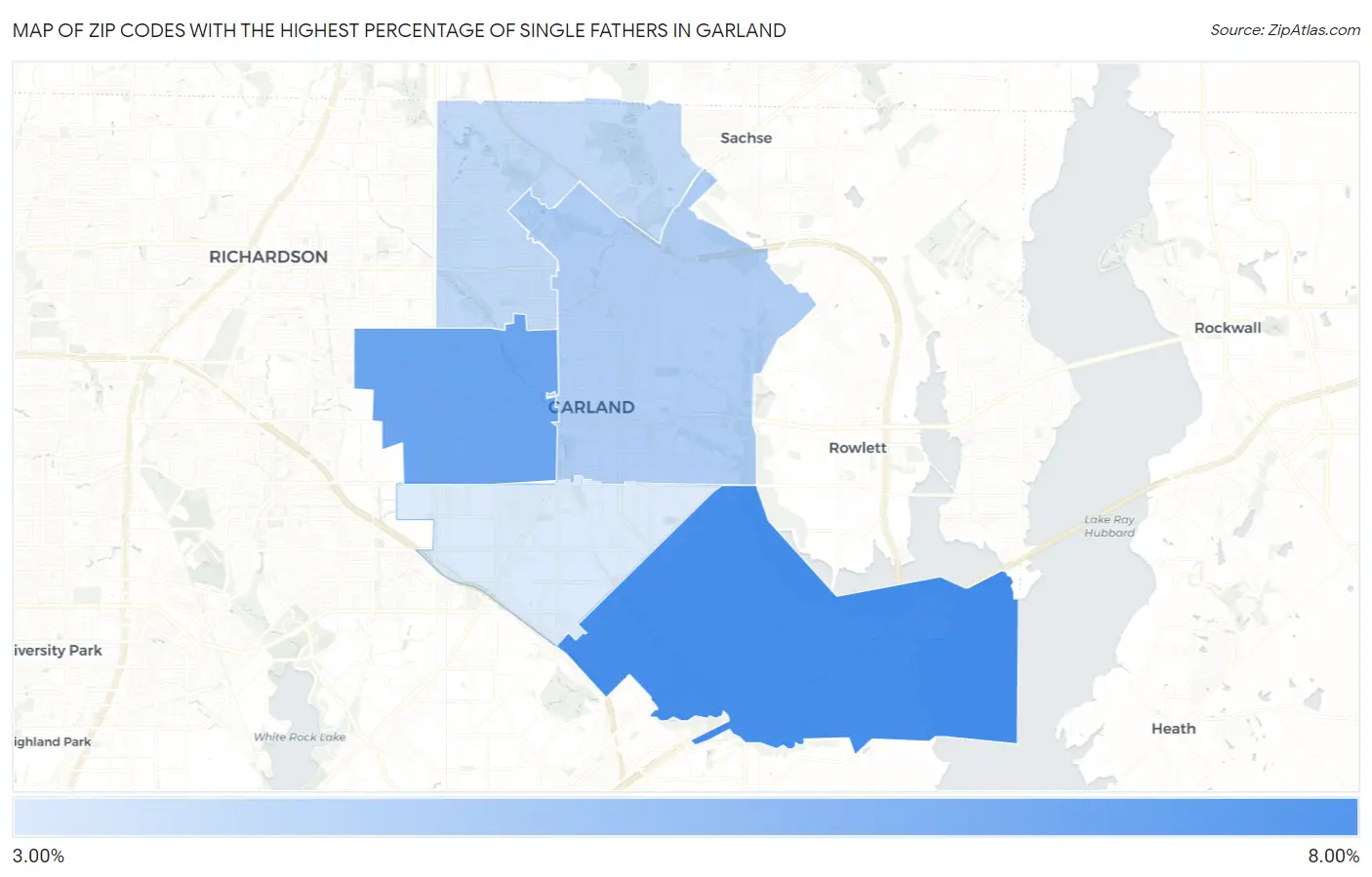 Zip Codes with the Highest Percentage of Single Fathers in Garland Map