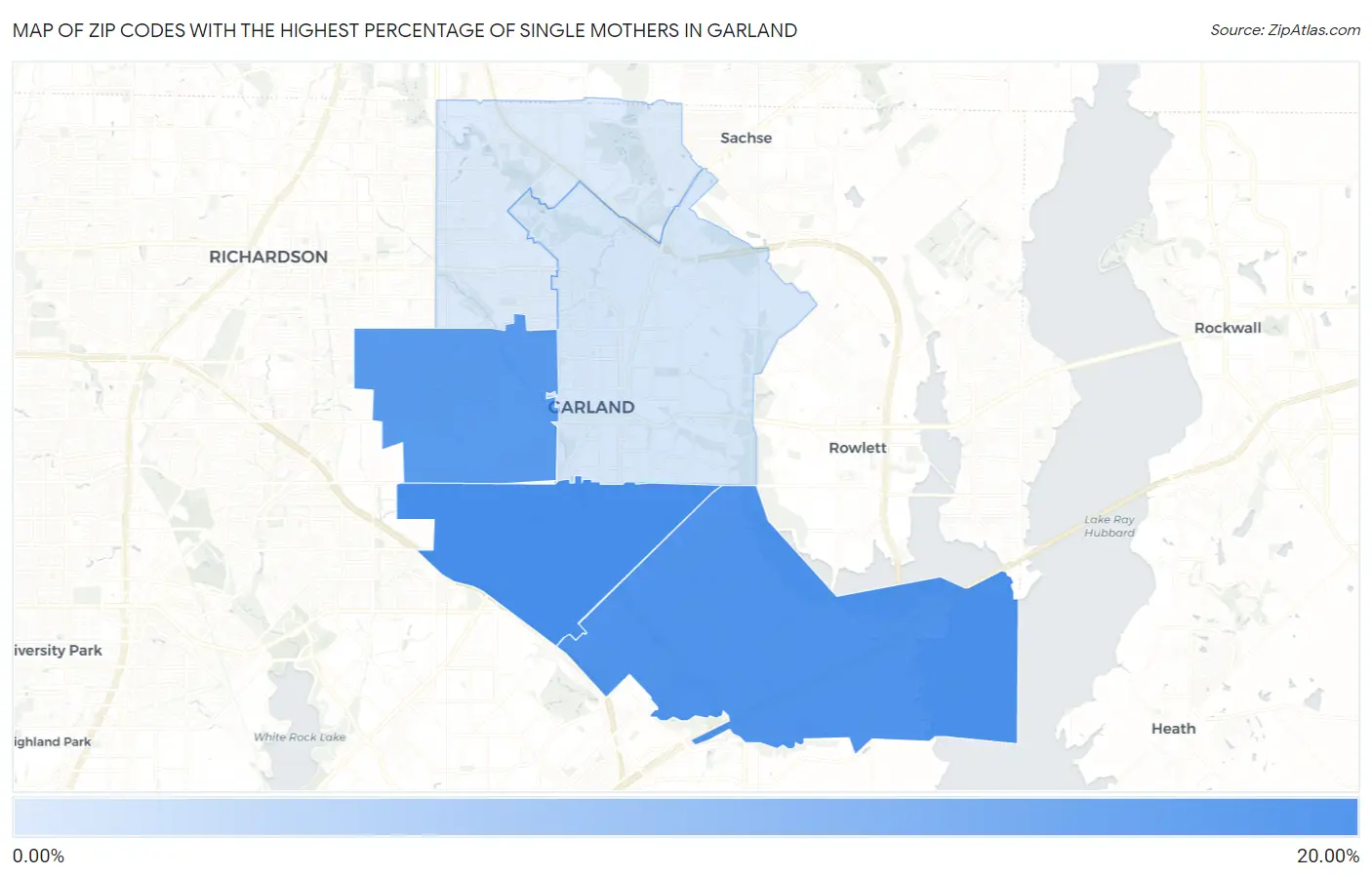 Zip Codes with the Highest Percentage of Single Mothers in Garland Map
