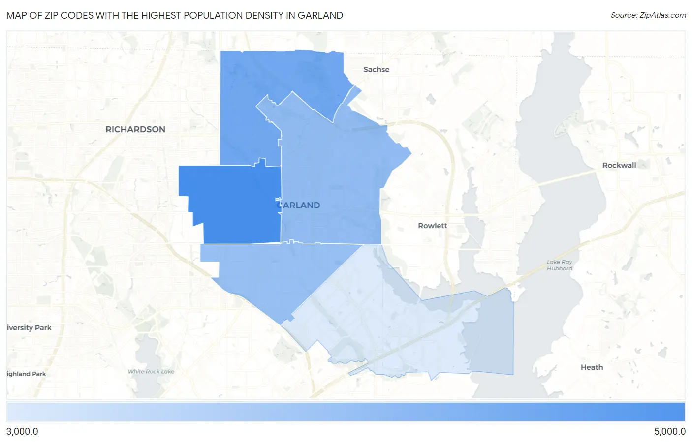 Zip Codes with the Highest Population Density in Garland Map