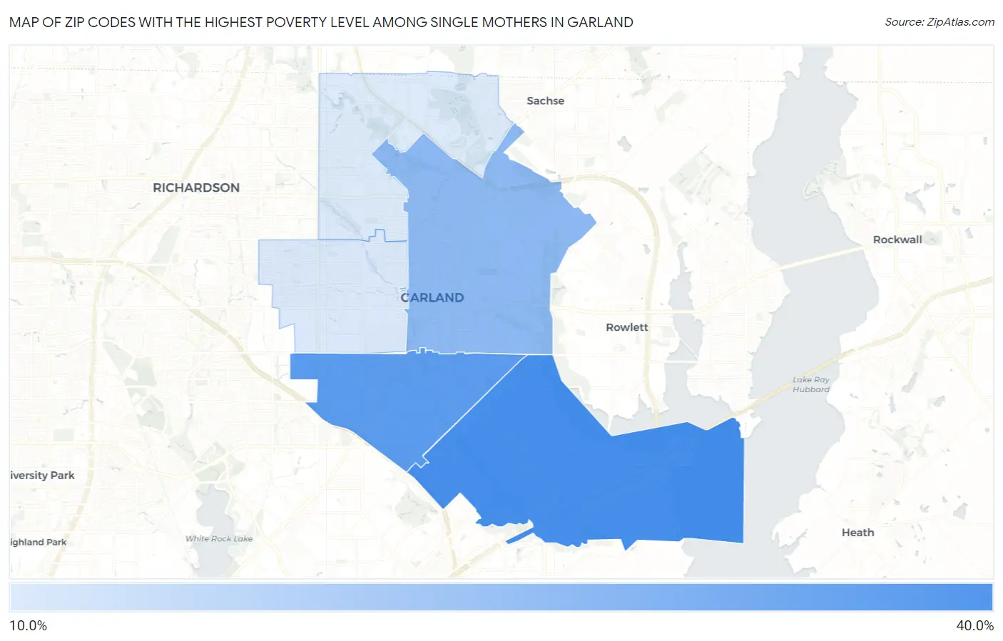 Zip Codes with the Highest Poverty Level Among Single Mothers in Garland Map