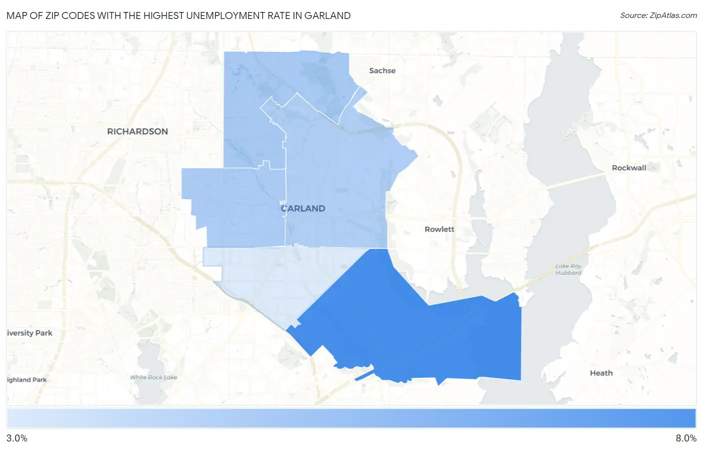 Zip Codes with the Highest Unemployment Rate in Garland Map